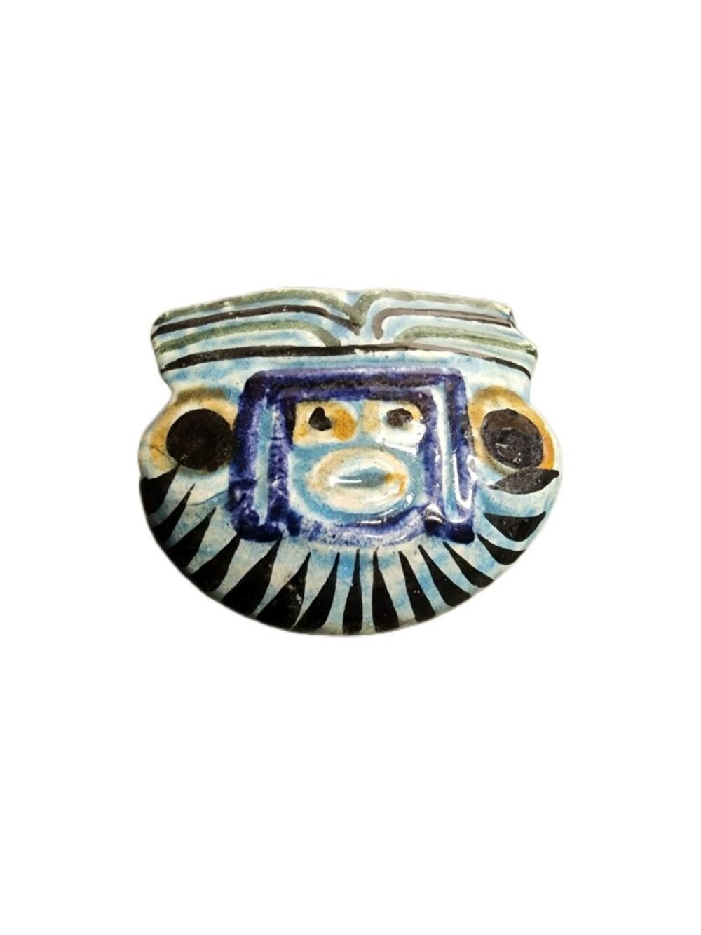 Vintage Tonala Mexican Pottery Pendant Necklace Blue Aztec Face Signed